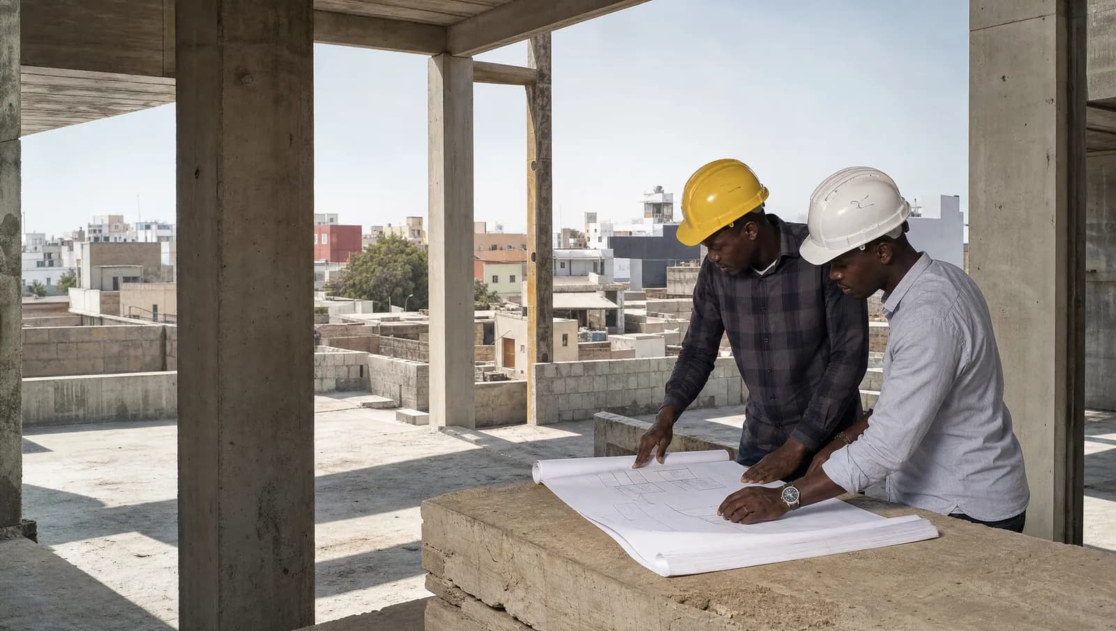 Scène illustrative : deux professionnels du BTP travaillent sur des plans dans une structure béton au Sénégal
