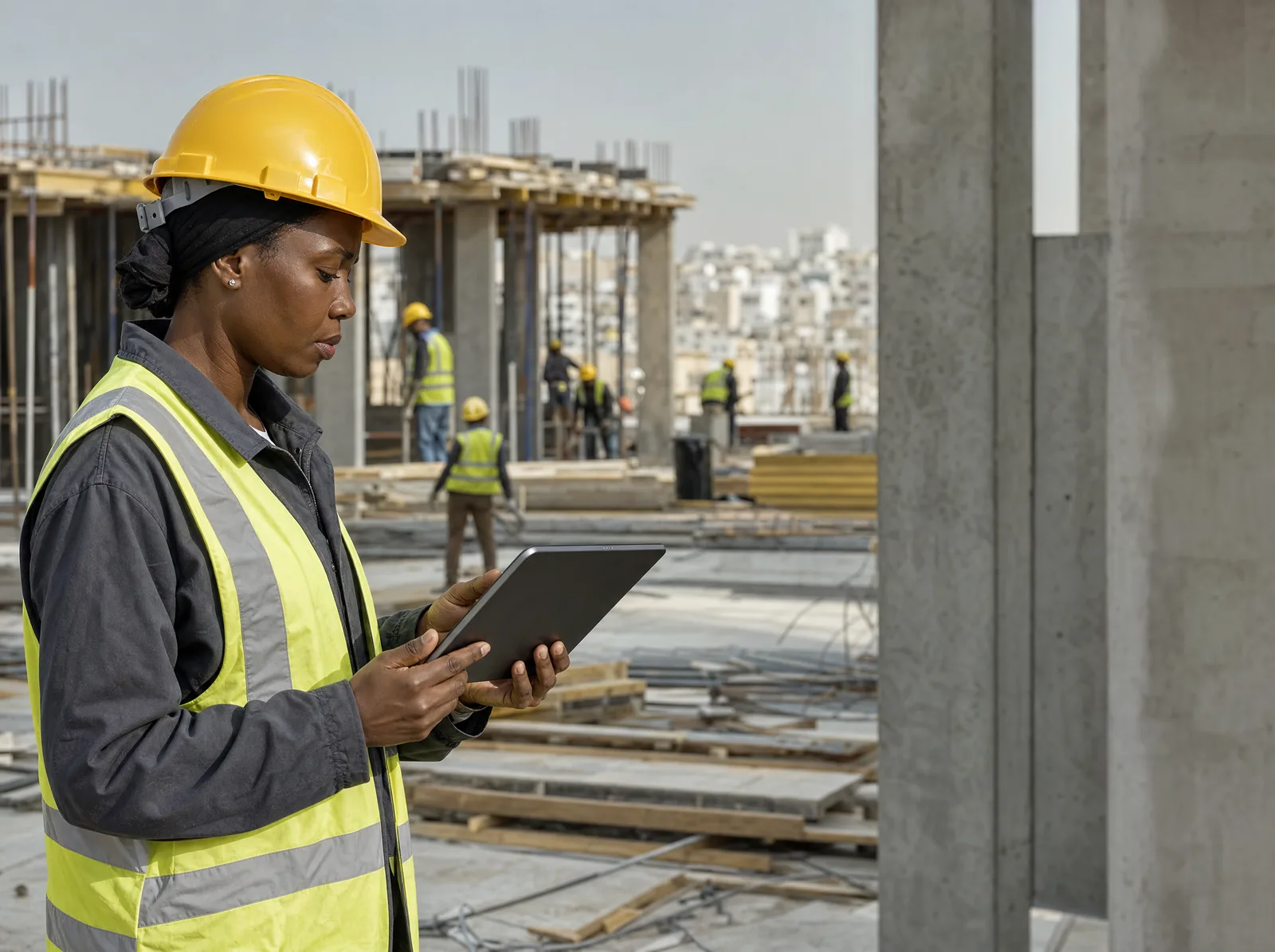 Scène illustrative : une conductrice de travaux consulte une tablette sur un chantier